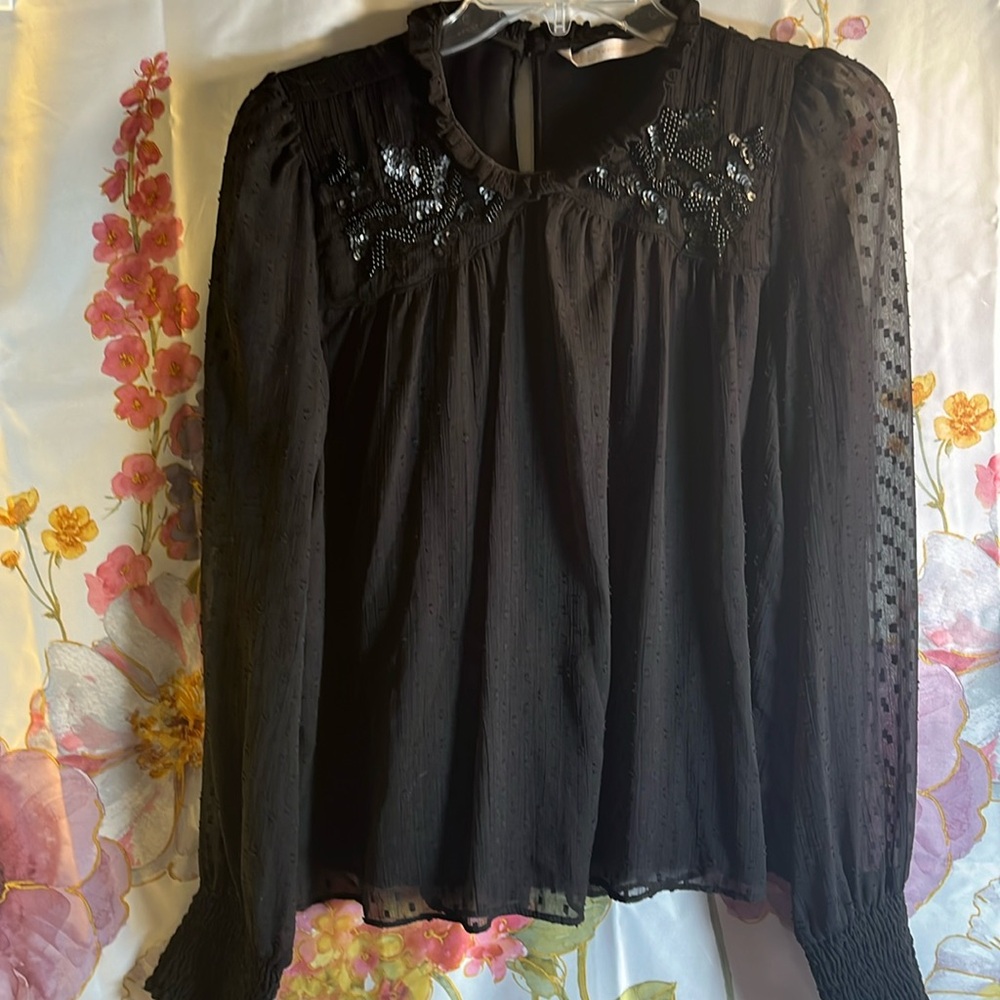 Zara Black Long-Sleeve Sheer Blouse with Sequin Yoke